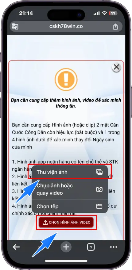 Bước 4 : Chọn tải hình ảnh/video >> Chọn thư viện ảnh >> Tải lên tối thiểu 2 trong 4 yêu cầu hình ảnh từ hệ thống